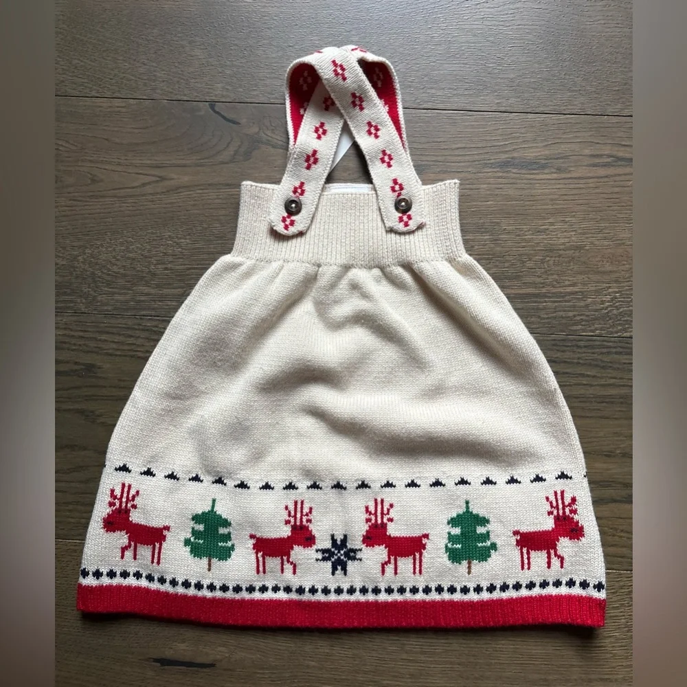 New Hanna Andersson Christmas/Holiday Knit Sweater Dress In Ivory/Dear Deer 2T - Picture 2 of 11